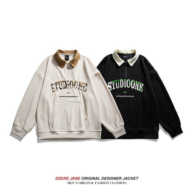 Men Pullover Hoodie Spring Long Sleeve Polo Shirt Men's American Retro Loose Trendy Sweater