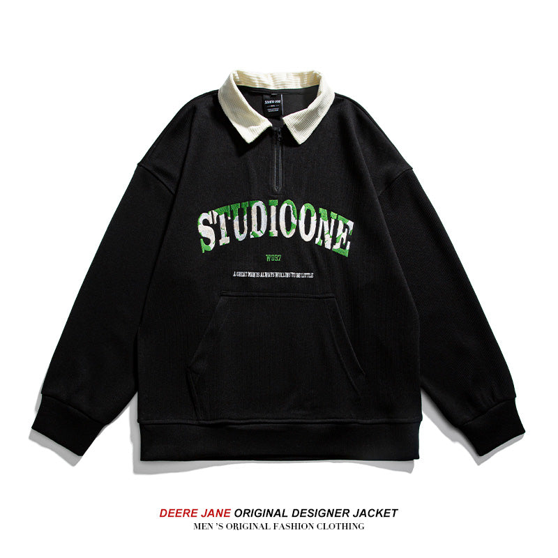 Men Pullover Hoodie Spring Long Sleeve Polo Shirt Men's American Retro Loose Trendy Sweater